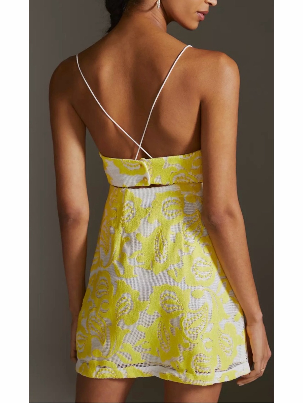 Anthropologie Maeve Strappy Lace Floral Jacquard Mini Dress Yellow
